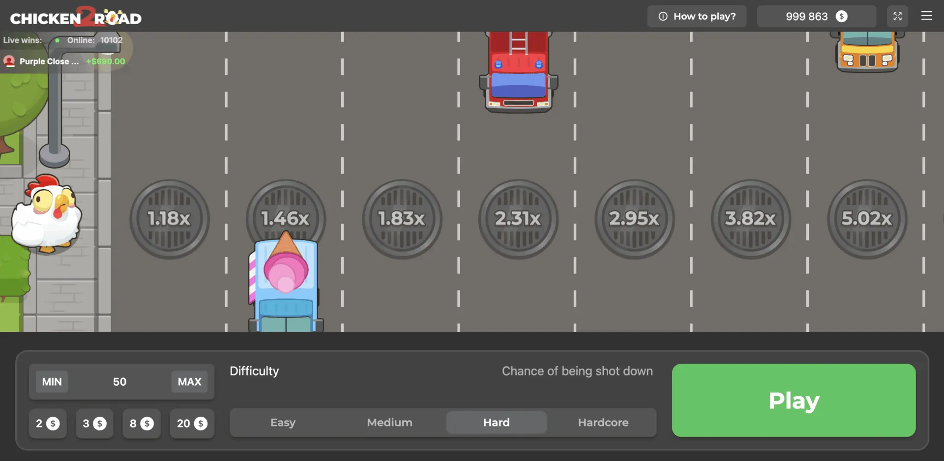 Livello difficoltà Hard con veicoli in movimento su Chicken Road 2